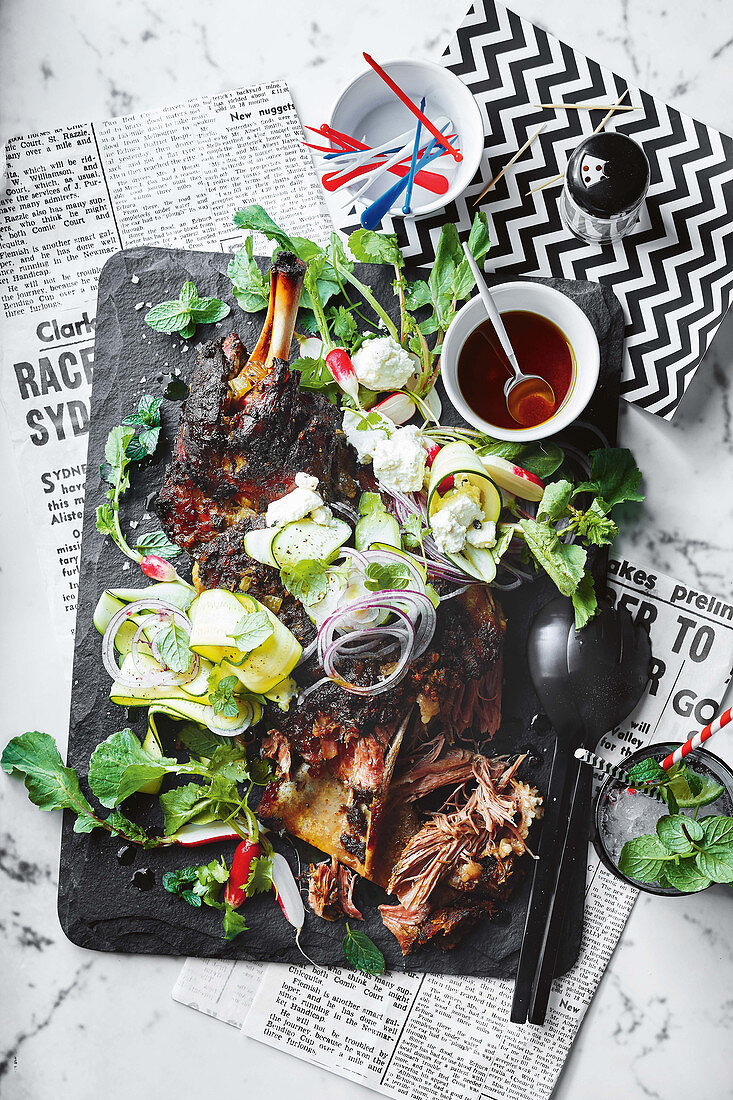 Slow cooked lamb shoulder with zucchini and feta salad