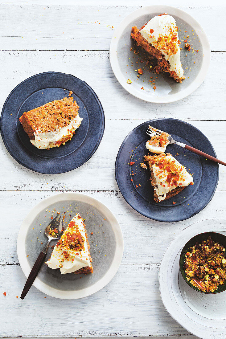 Carrot, parsnip and zucchini cake with pistachio praline