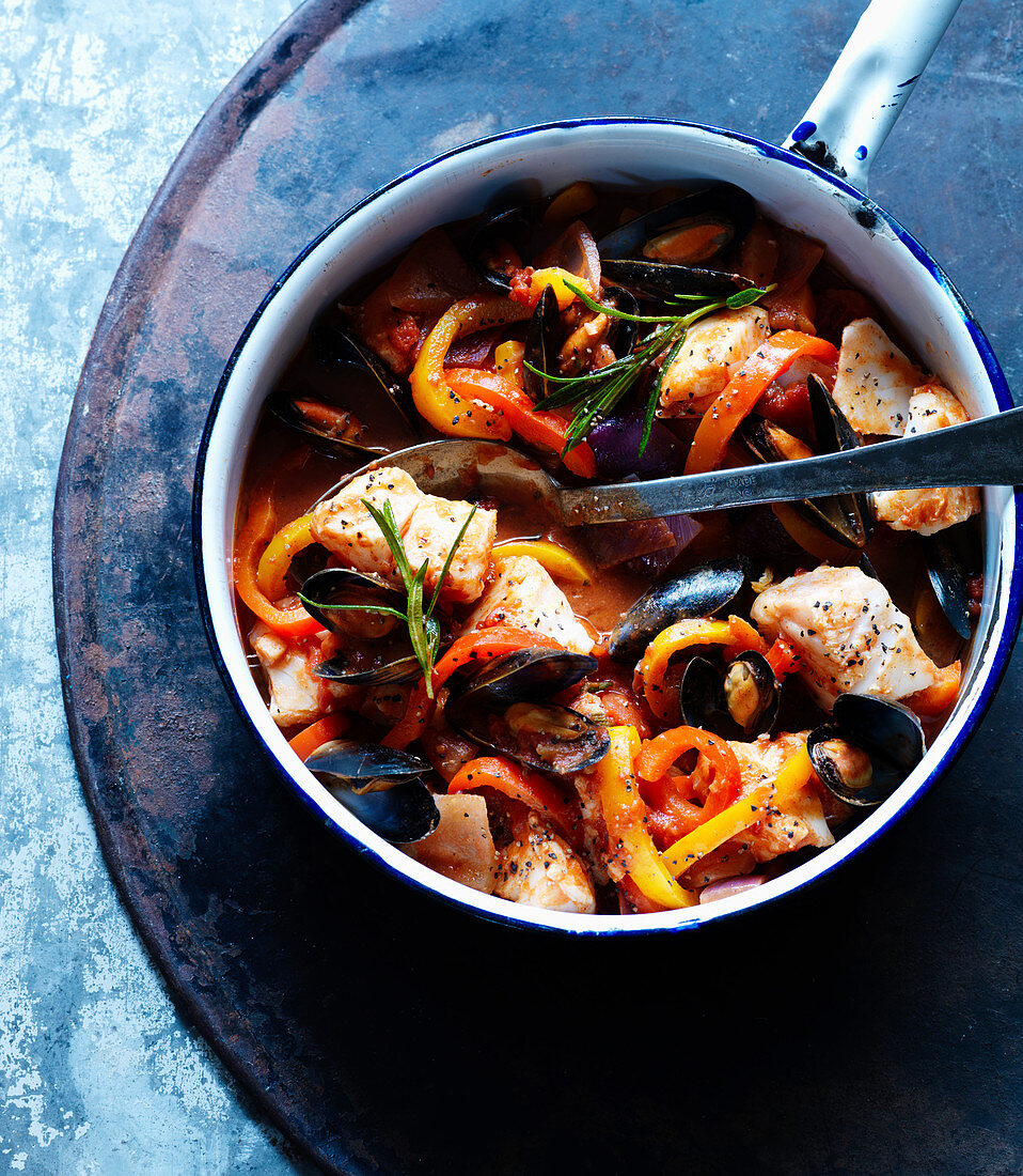 Seafood stew with fish and peppers