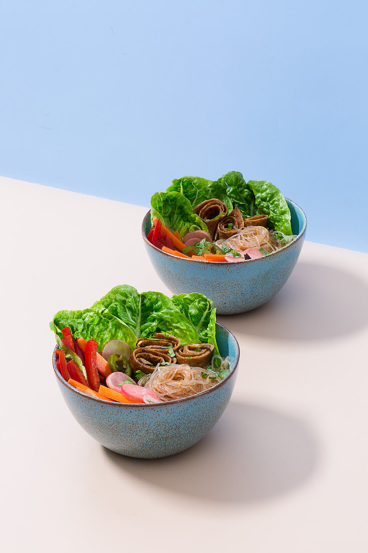 A sweet-and-sour oriental bowl with omelette, glass noodles and vegetables