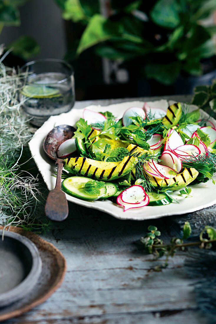 Gegrillte Avocado mit Radieschen, Gurken und Kräutersalat