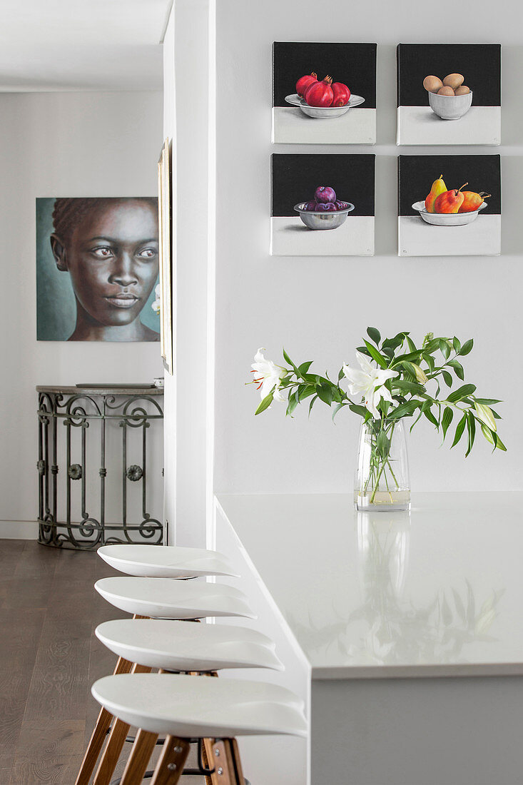 Designer barstools at kitchen island