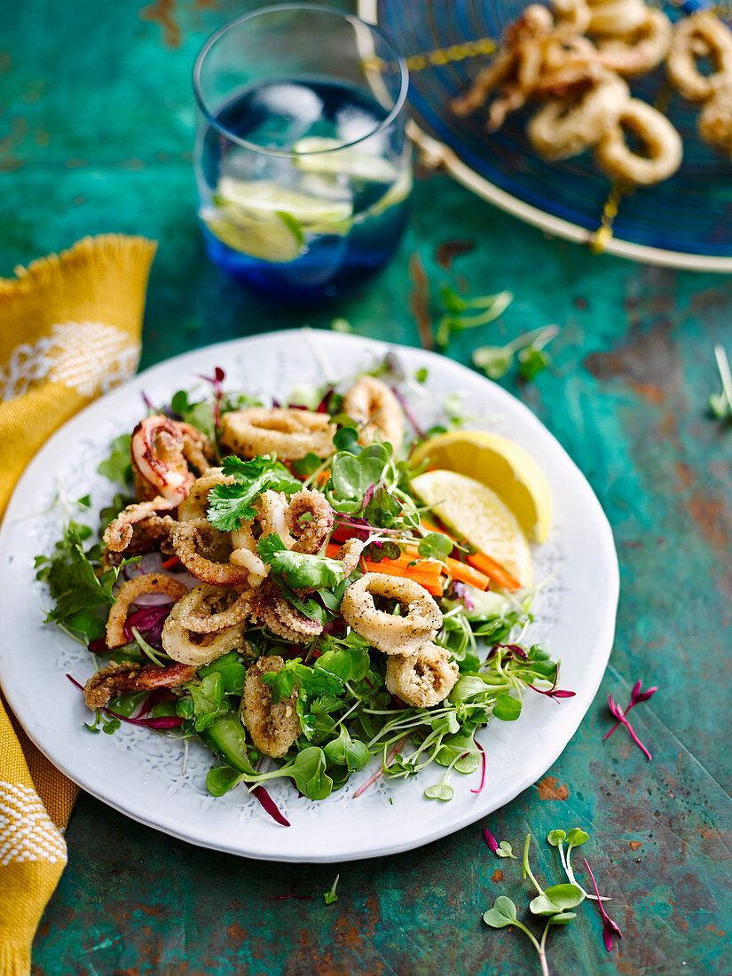 Salat mit gewürztem Tintenfisch