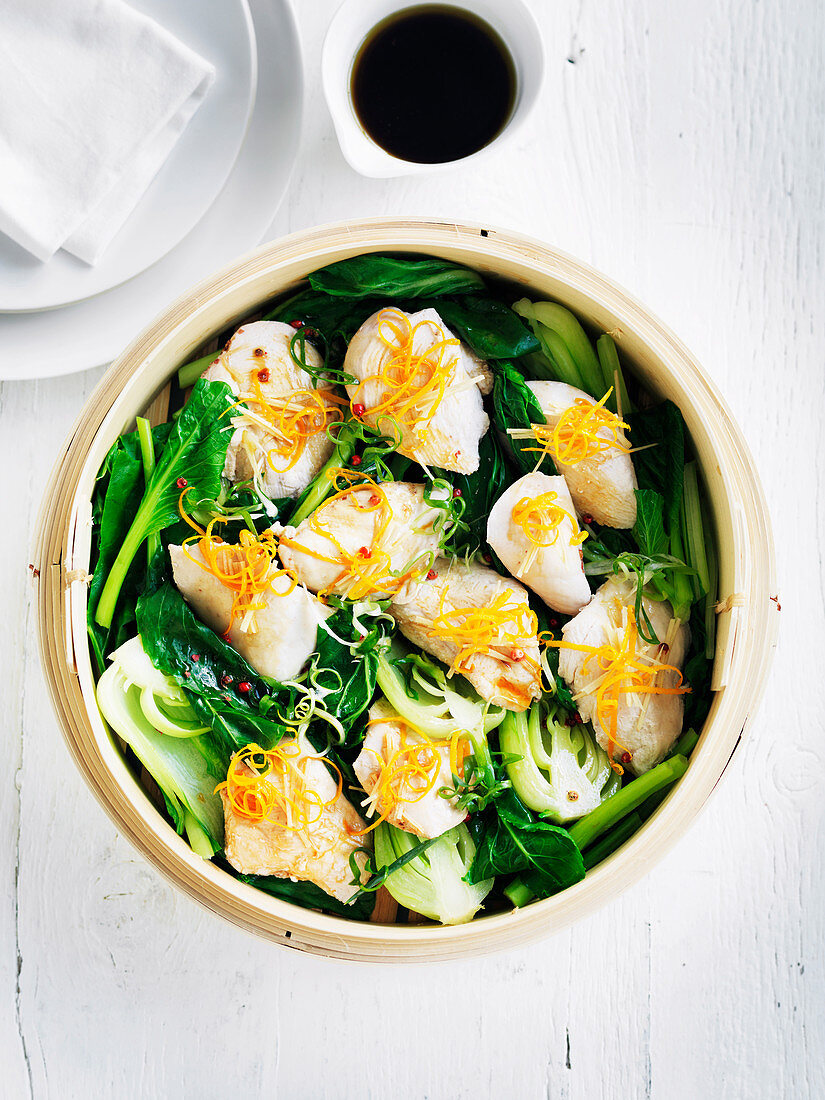 Steamed Orange Ginger Chicken with Greens