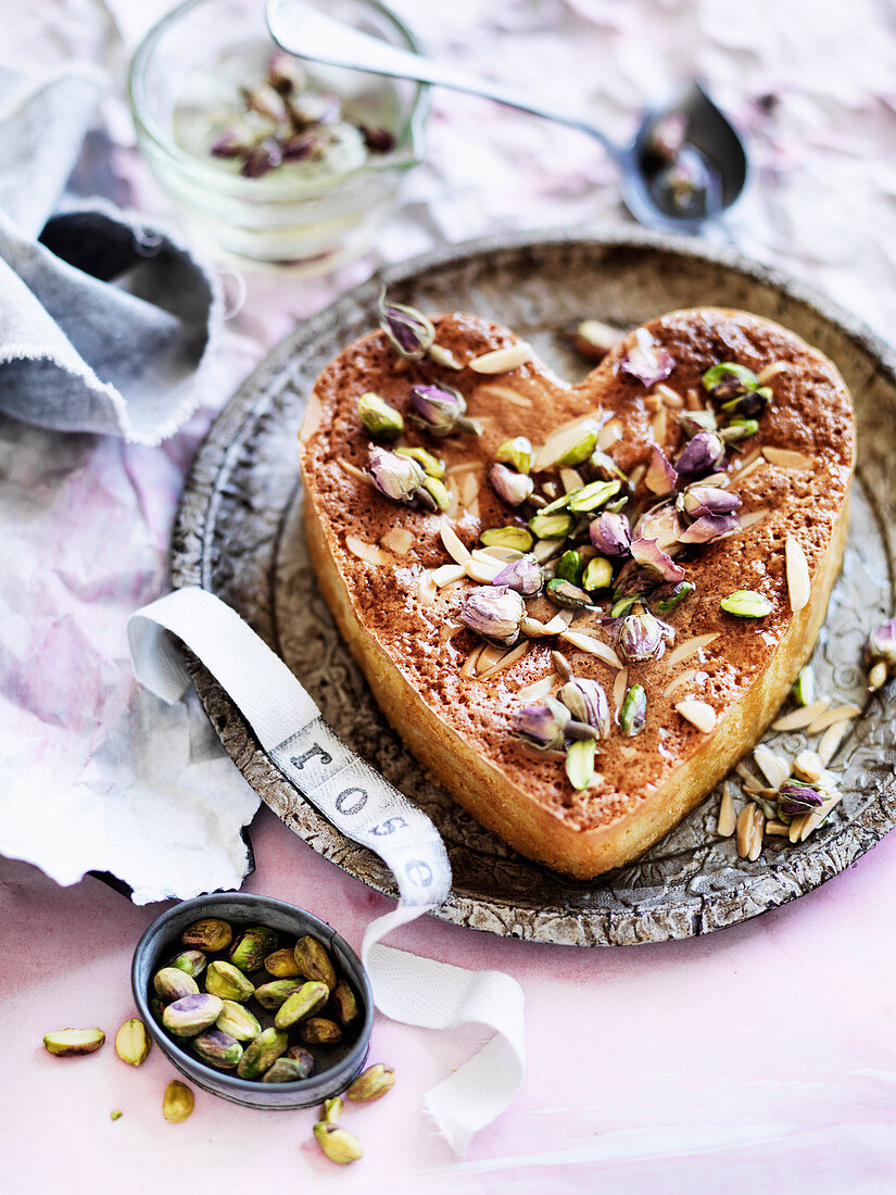 Herzförmiger Rosen-Mandelsirup-Kuchen mit Pistazien