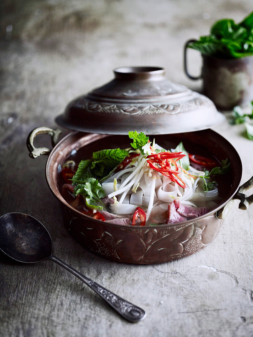 Schnelle Pho-Suppe mit Reisnudeln und Rindfleisch (Vietnam)