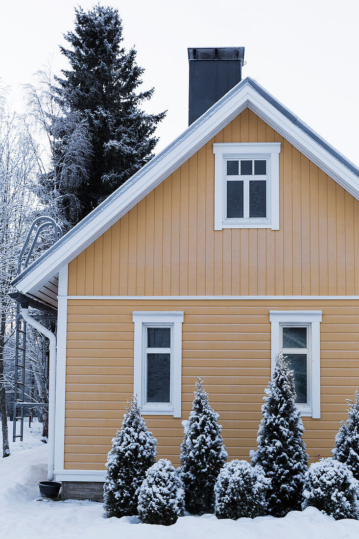 Yellow wooden house in snowy garden