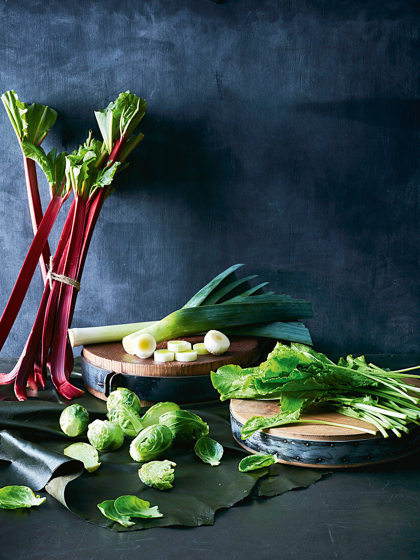 Rhubarb, brussel sprouts, sorrel and leek