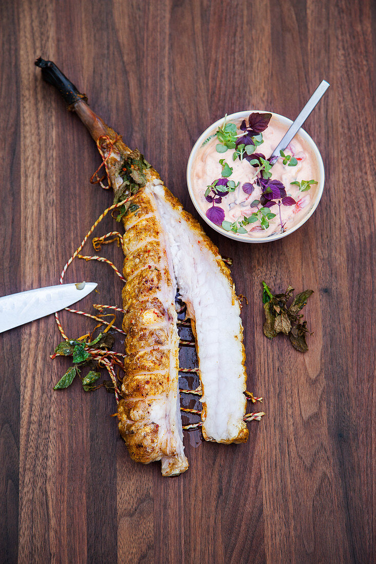 Grilled smoked monk fish with pepper mayonnaise