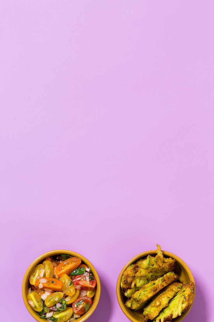 Tomato salsa and courgette fritters