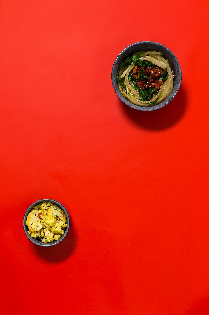 Chard with tomatoes, and curried cauliflower