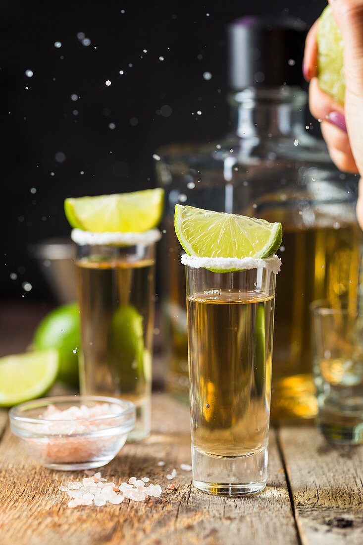 Mexican Gold Tequila shots with lime and salt