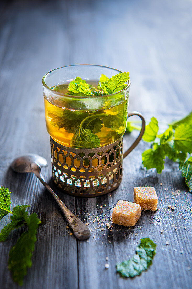 Lemon balm mint tea in a glass