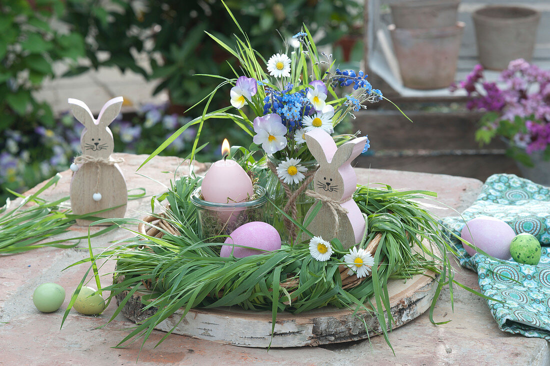 Small Easter arrangement on a wooden disc