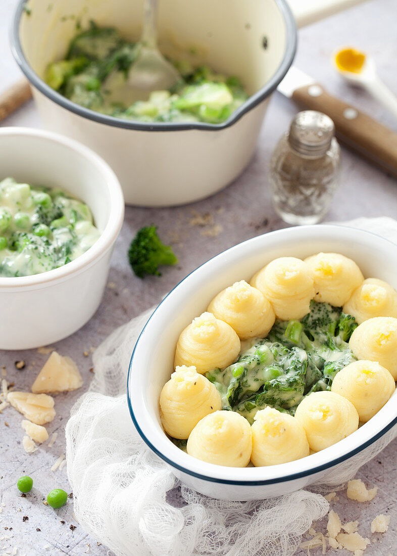 Making Green Vegetable Potato Pot Pies