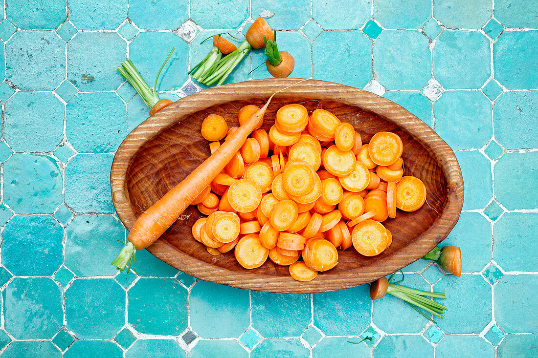Carrots in a wooden bowl