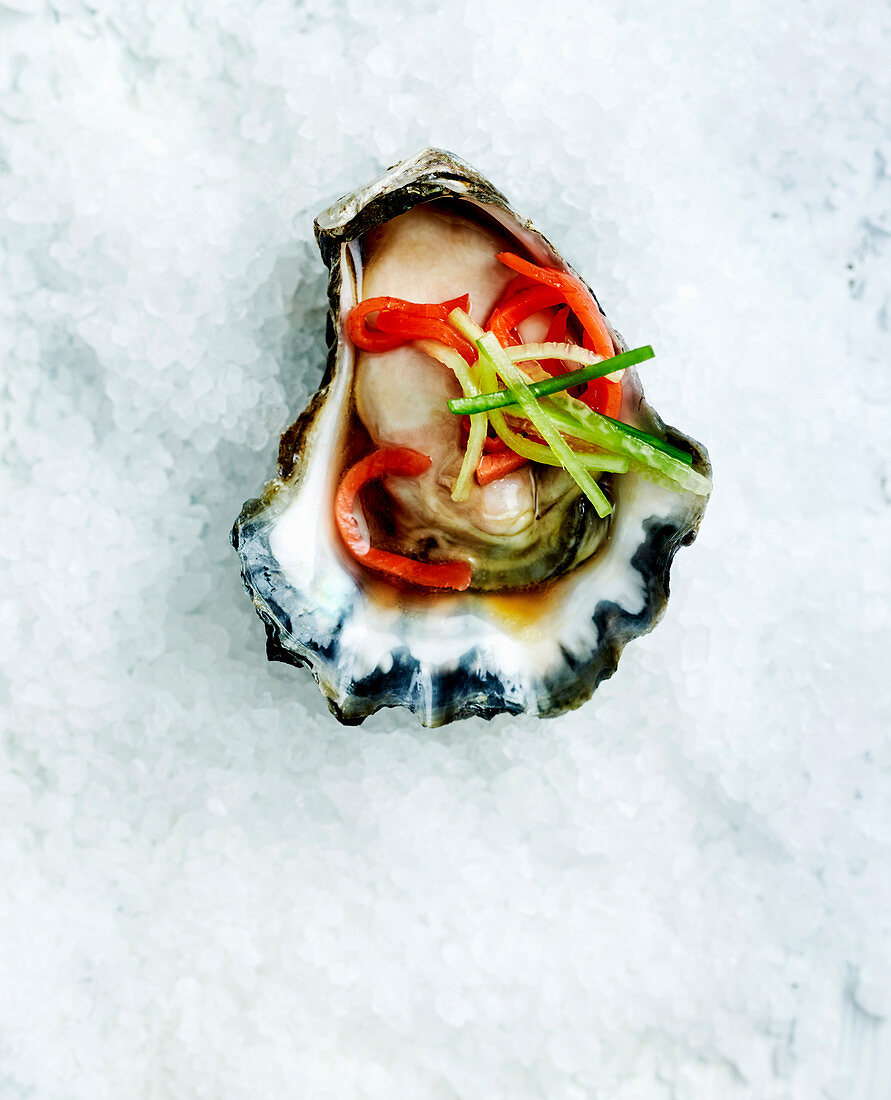 Oyster on crushed ice with cucumber and ginger