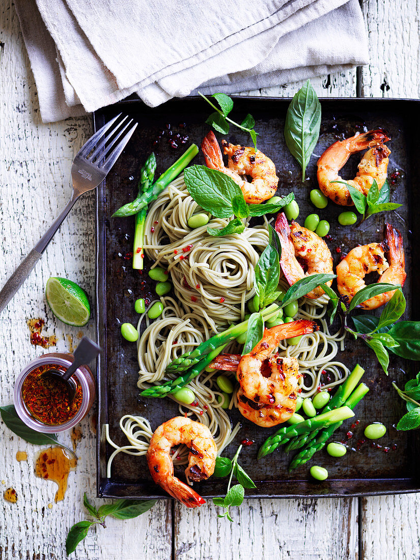 Thai prawns with soba noodles and asparagus