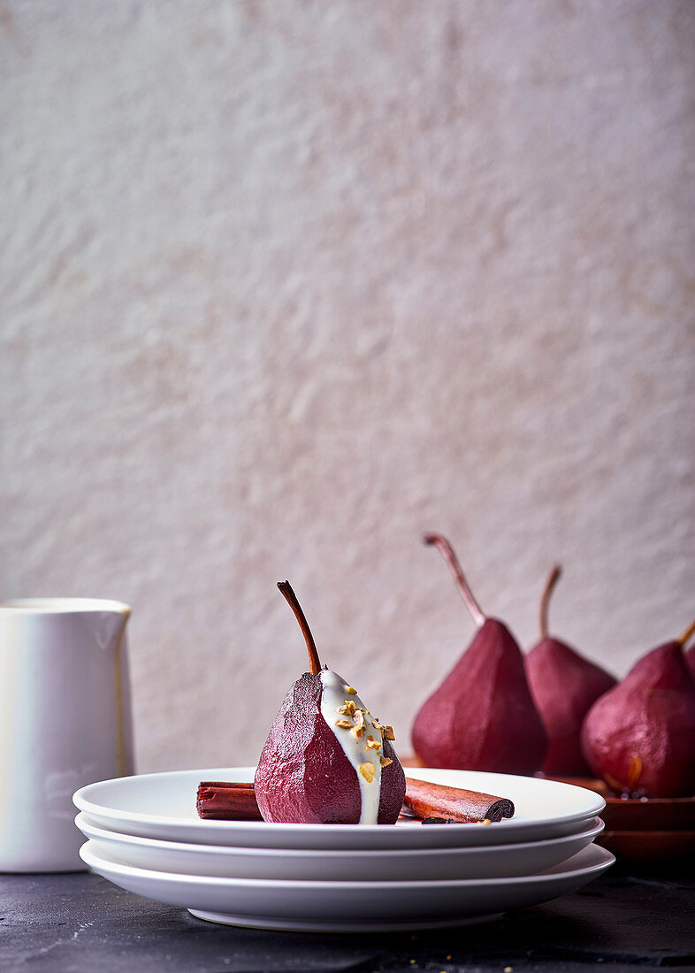 Rooibos and red wine poached pears with lemongrass