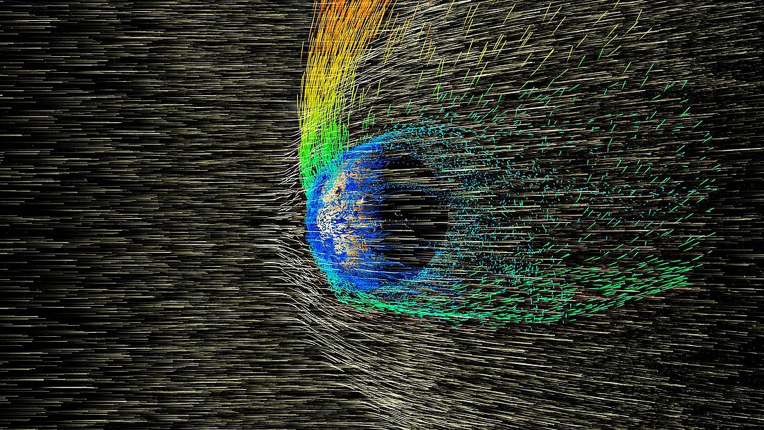 Solar wind strips the Martian atmosphere, illustration