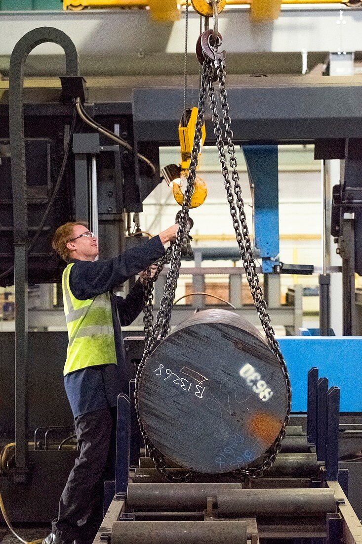 Cutting steel at metalworks, Scotland, UK