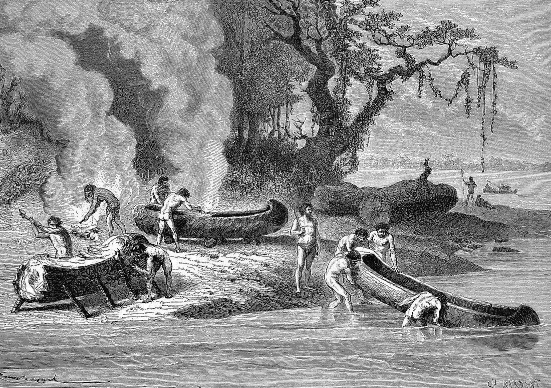 Prehistoric men building canoes, 19th Century illustration