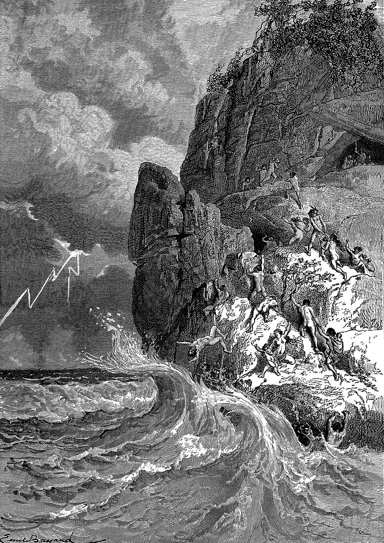 Prehistoric humans during storm, 19th Century illustration