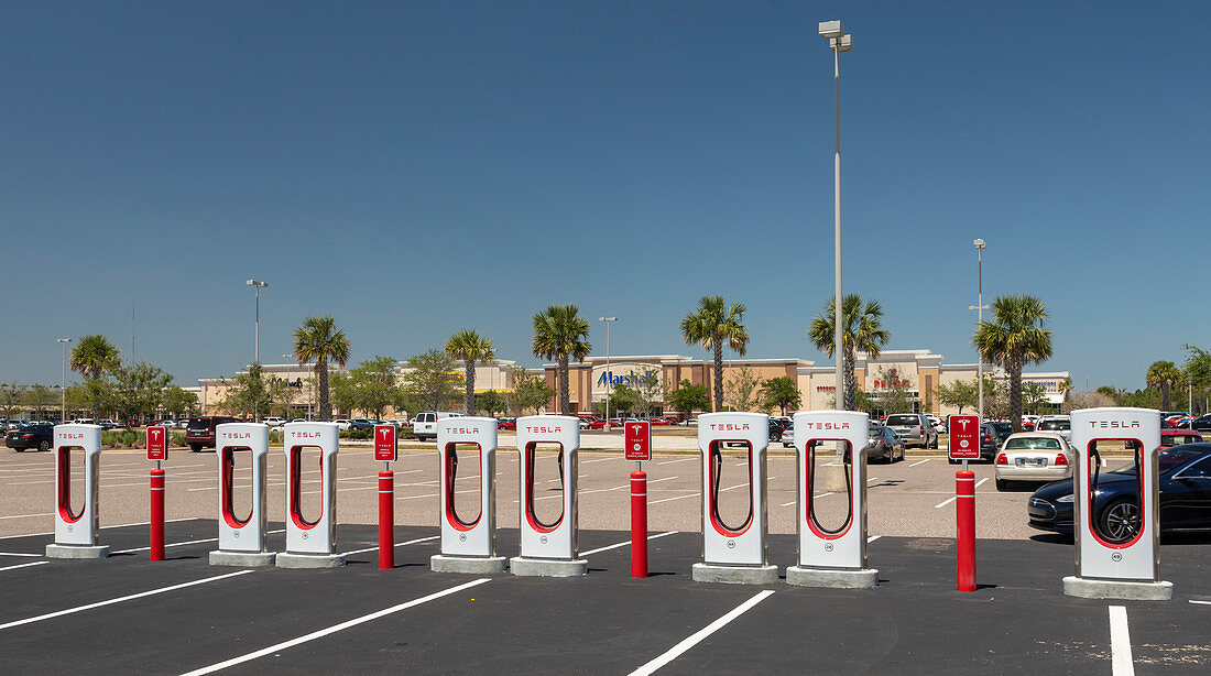 Electric car charging station, Florida, USA