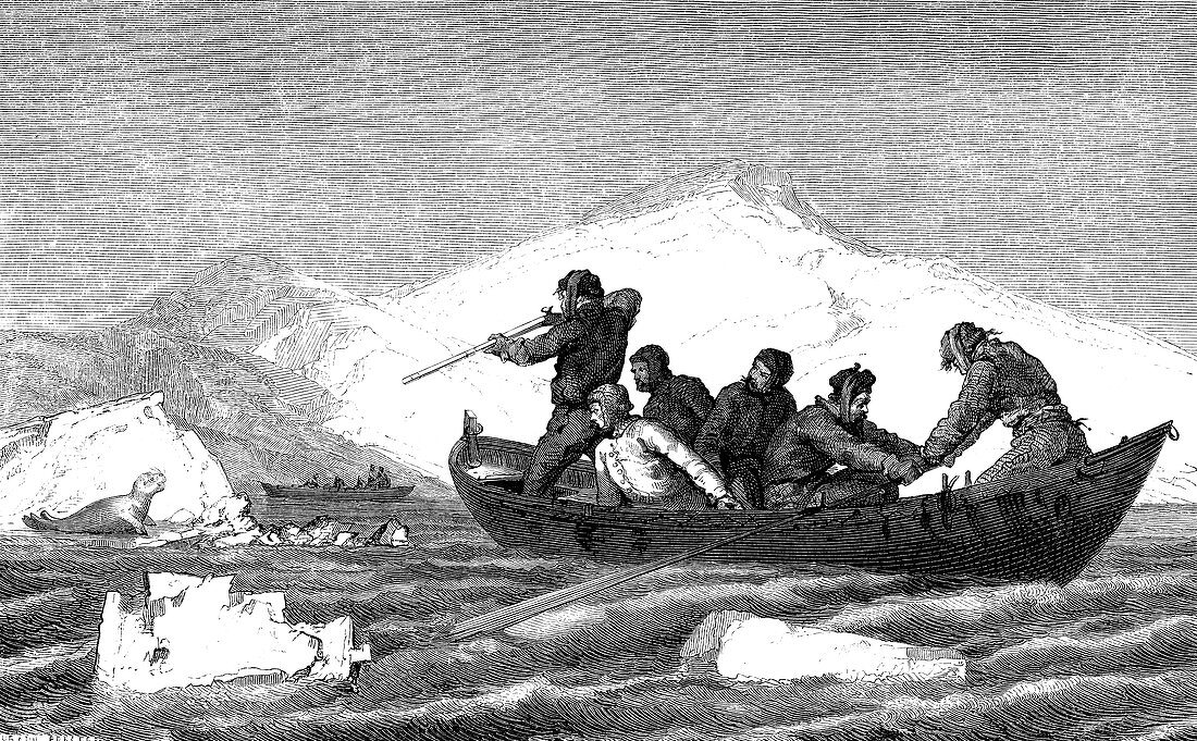 19th Century seal hunters, illustration