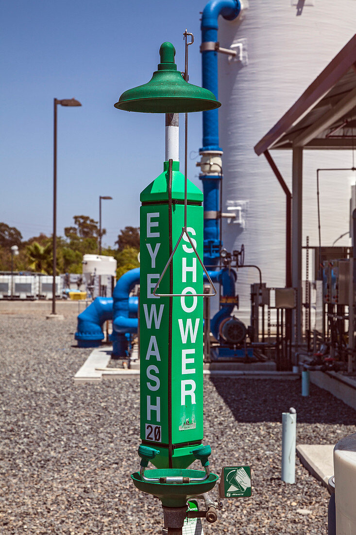 Emergency shower at water treatment facility, California, US