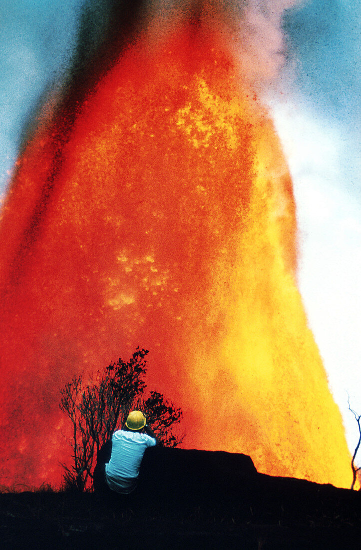 Geologist observing Kilauea eruption, 1969