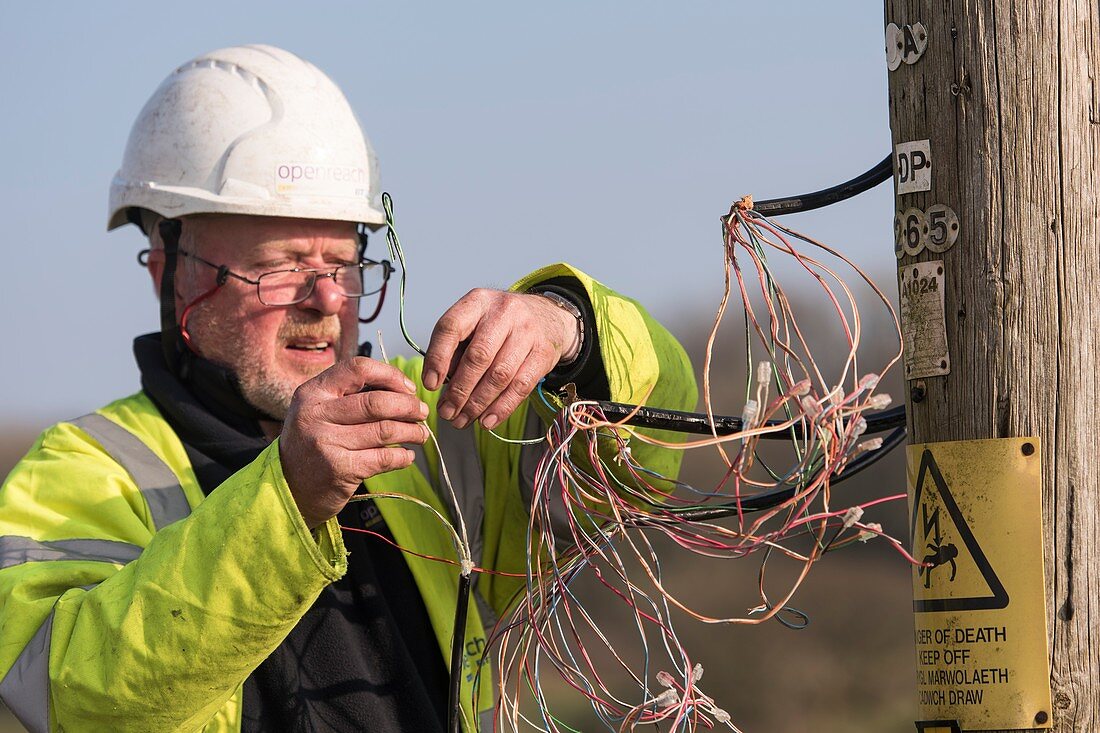 Telephone engineer repairing telephone lines