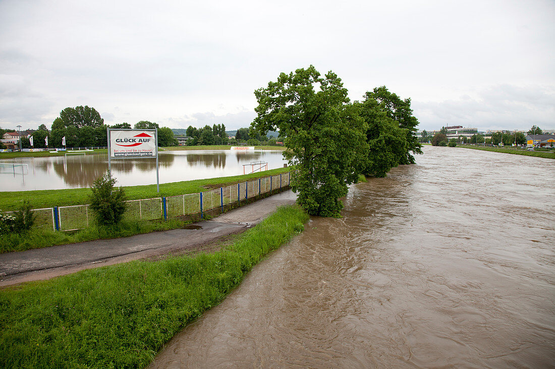 Flooded sports pitch, Gera, Germany, 2016