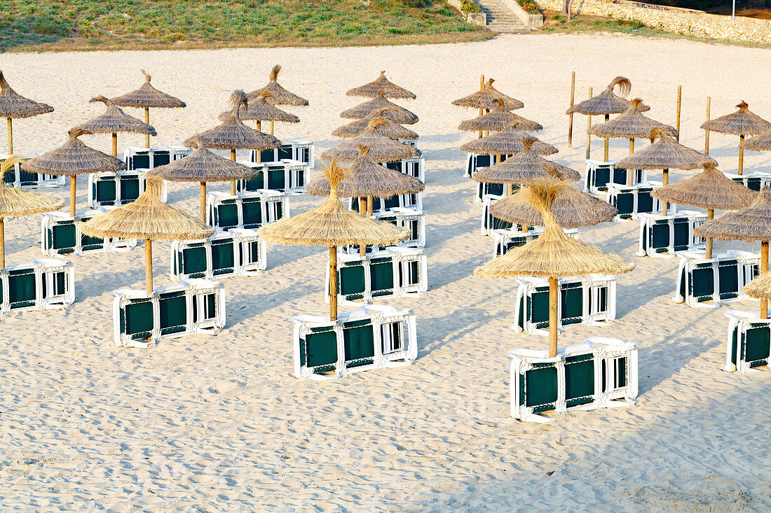 Sunbeds and umbrellas on sandy beach