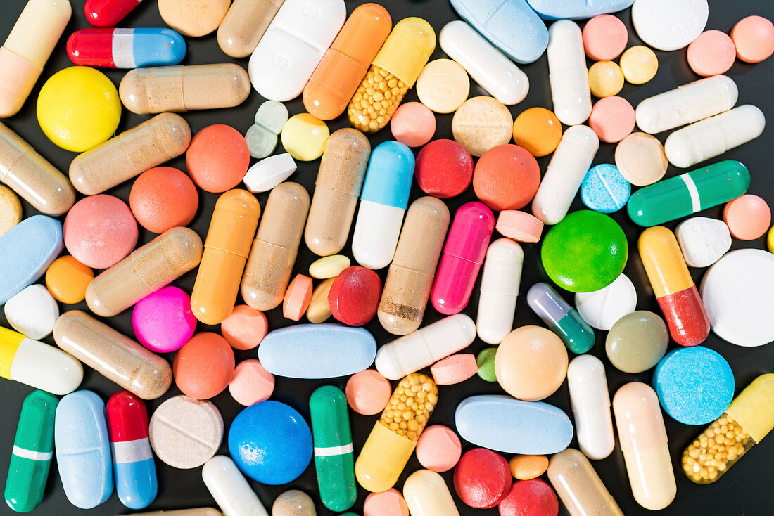 Multicolored pills and capsules