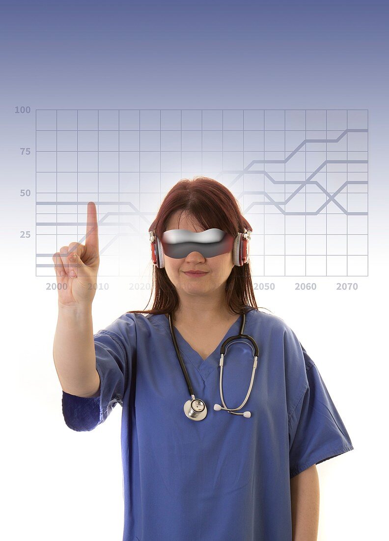 Doctor wearing VR headset and touching graph