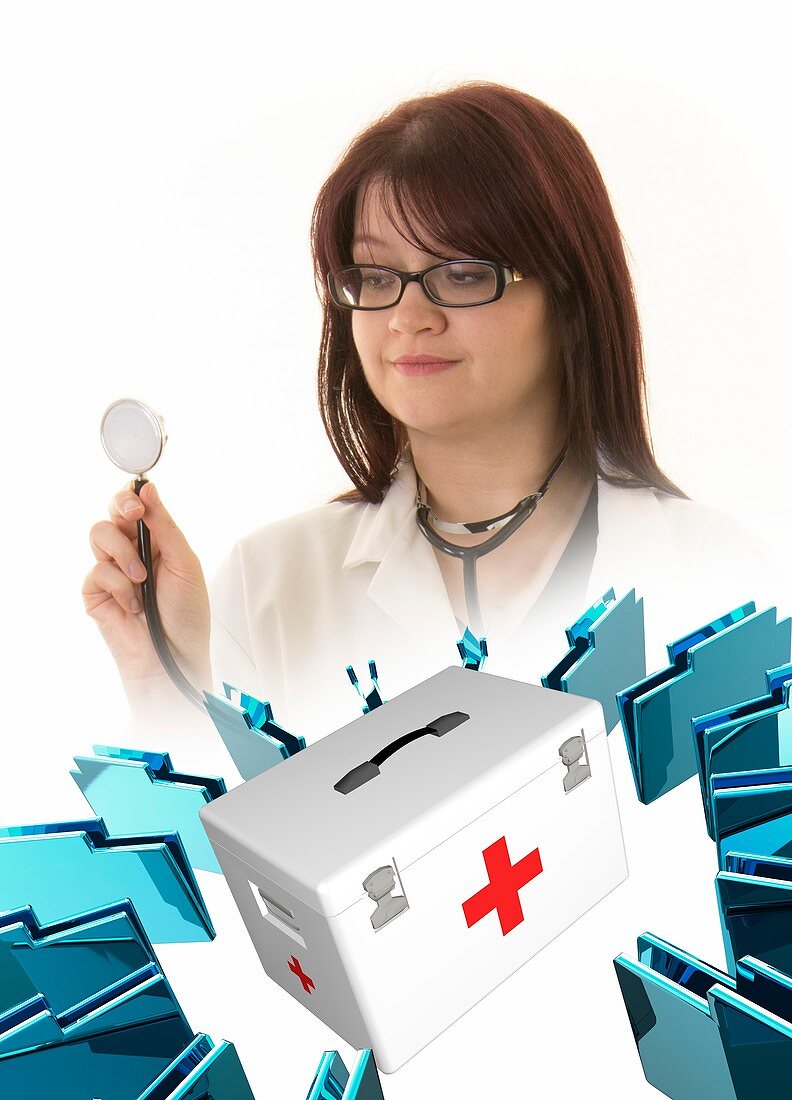 Doctor with virtual hospital files