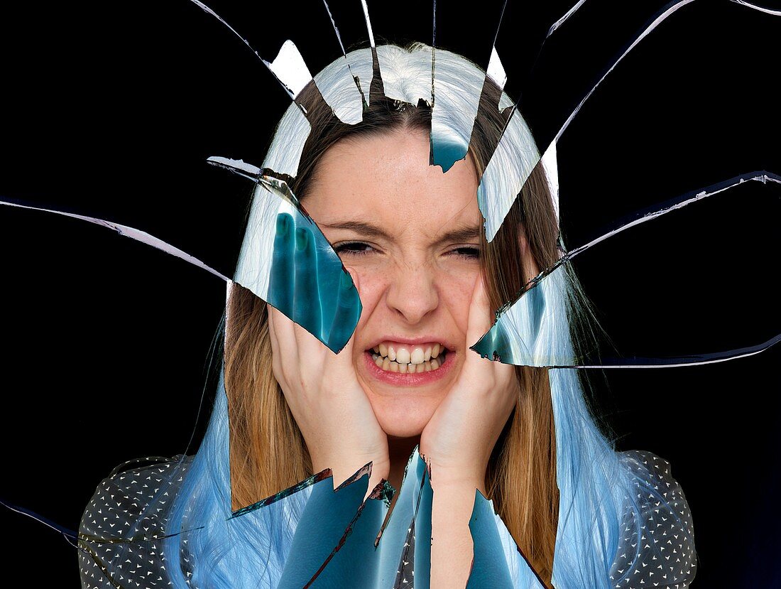 Woman with broken glass around face