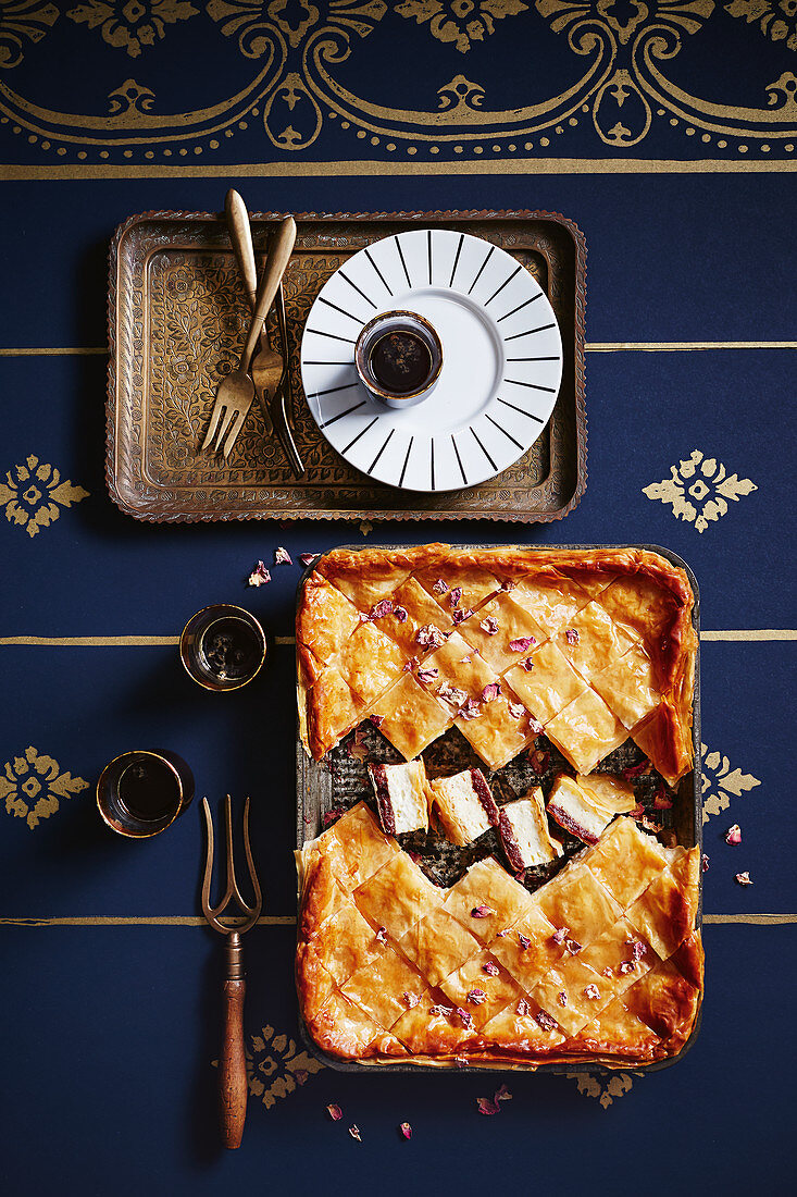 Date and ricotta baklava pie with rosewater syrup (Dubai)