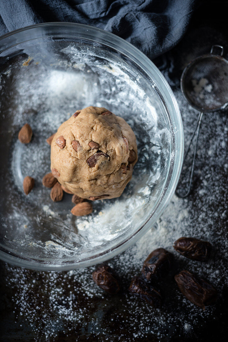 Vegan, sugar-free Cantuccini dough in a bowl