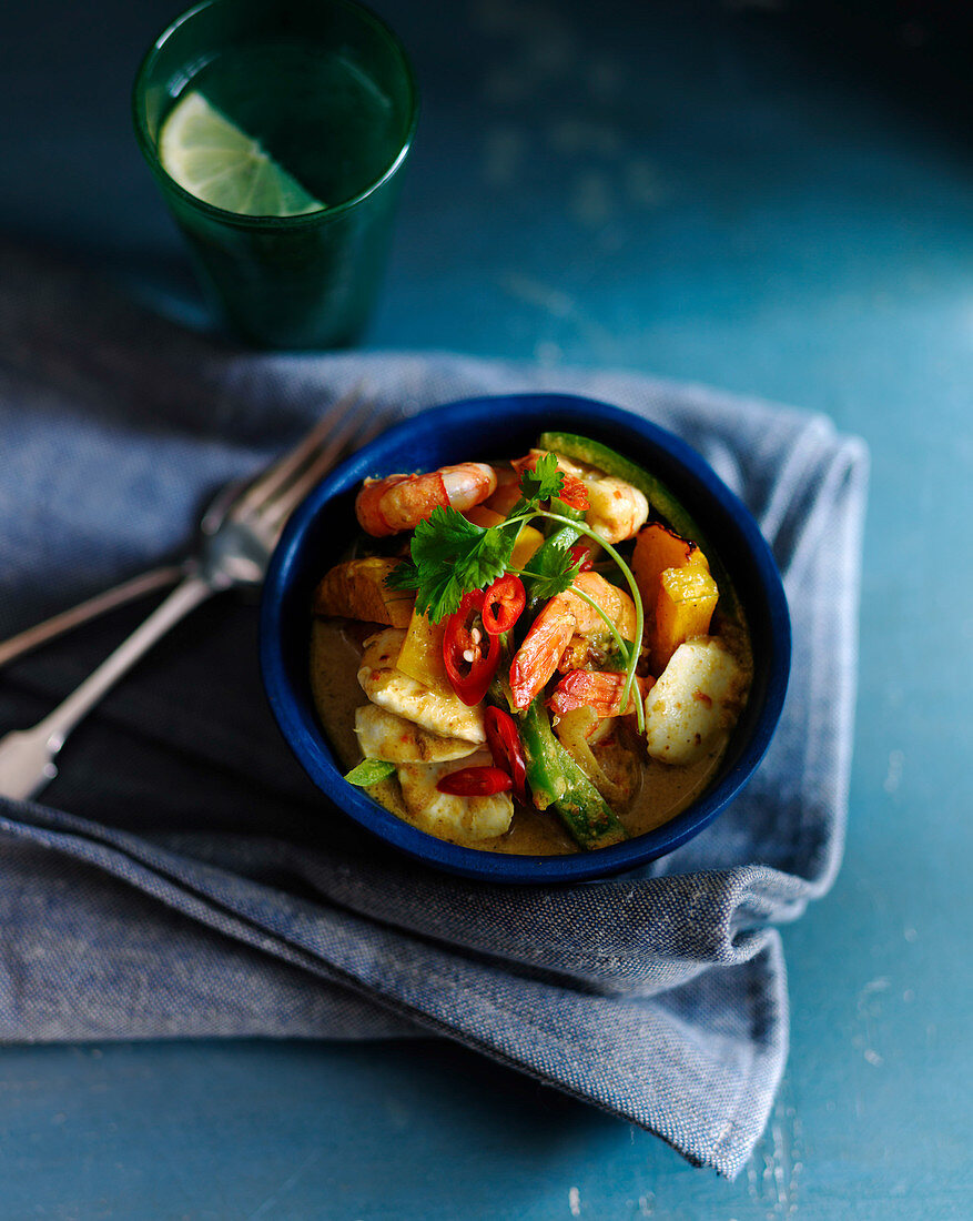 Fish curry with pumpkin, prawns, chilies and coriander