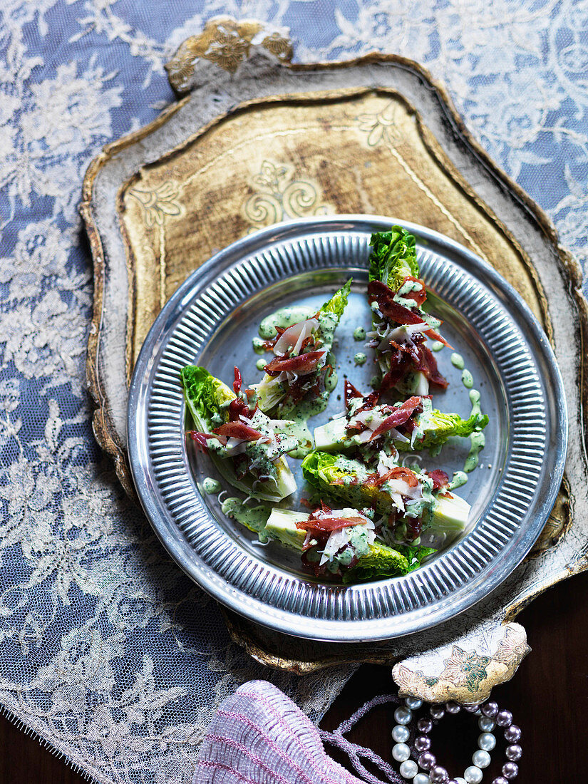 Romaine lettuce with bacon, mint puree, and parmesan cheese