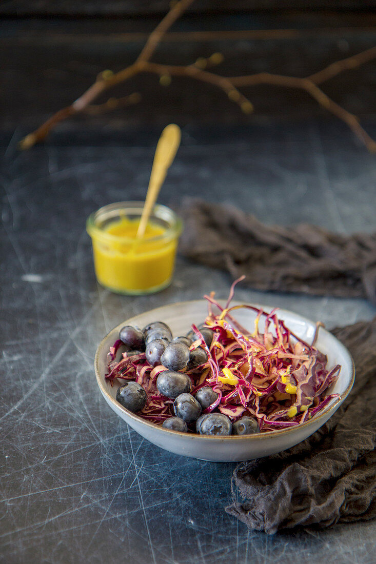 Red cabbage salad with blueberries and an orange-honey-mustard dressing