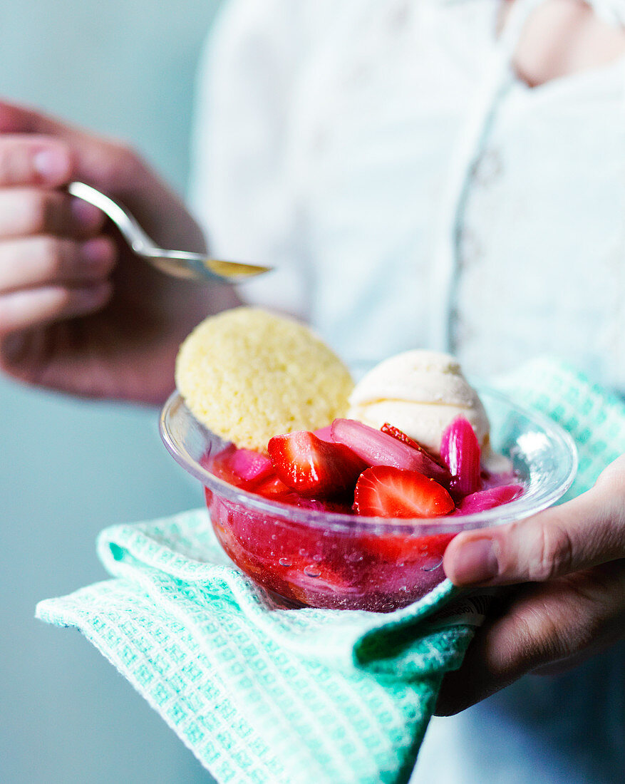 Poached strawberries and rhubarb, ice cream and biscuits