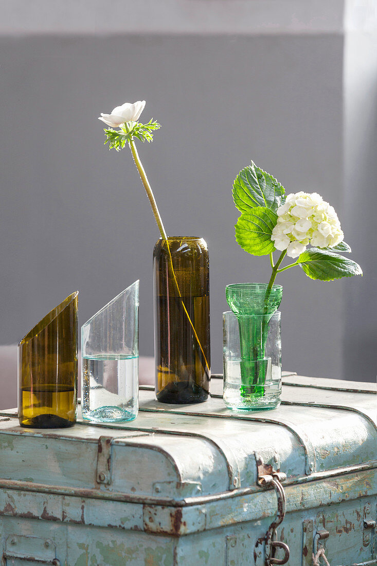 Vases made from cut-off wine bottles on top of old trunk