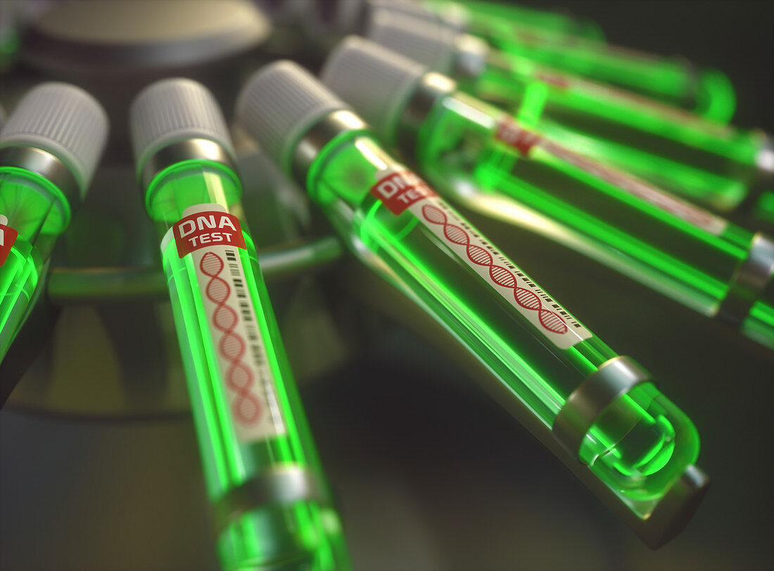 DNA test with vials of green liquid, illustration