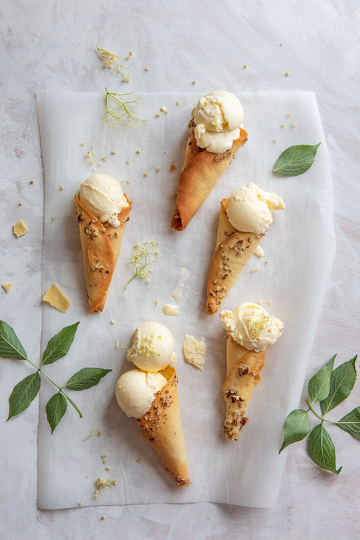 Lemon and elderflower ice cream in homemade waffle cones