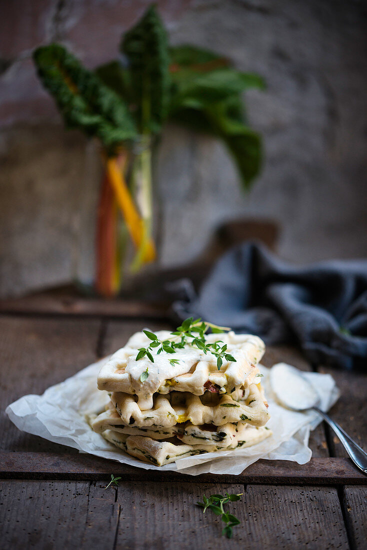 Vegan chard waffles with coconut hummus and fresh thyme