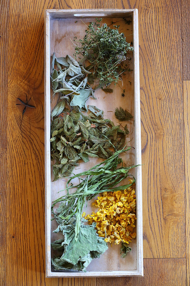 Getrocknete Blätter für selbstgemachten Tee im Tablett