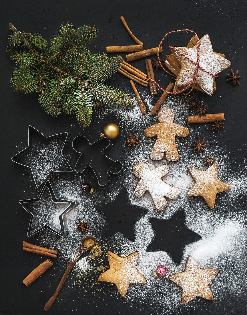 Christmas holiday traditional gingerbread cookies with sugar powder and cinnamon